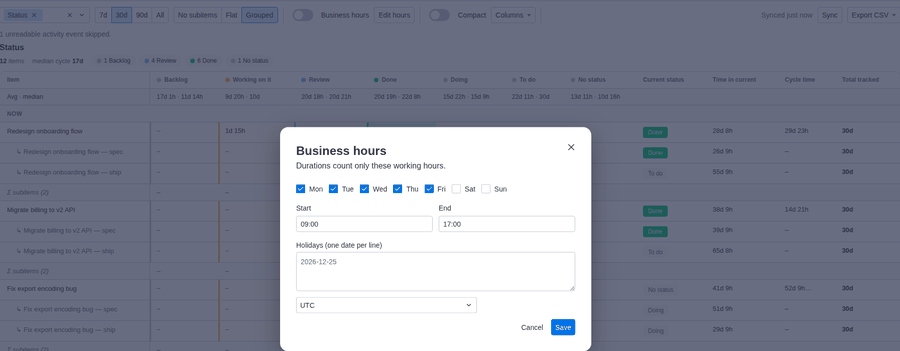 Business hours editor: days of the week, start and end time, holiday dates and timezone